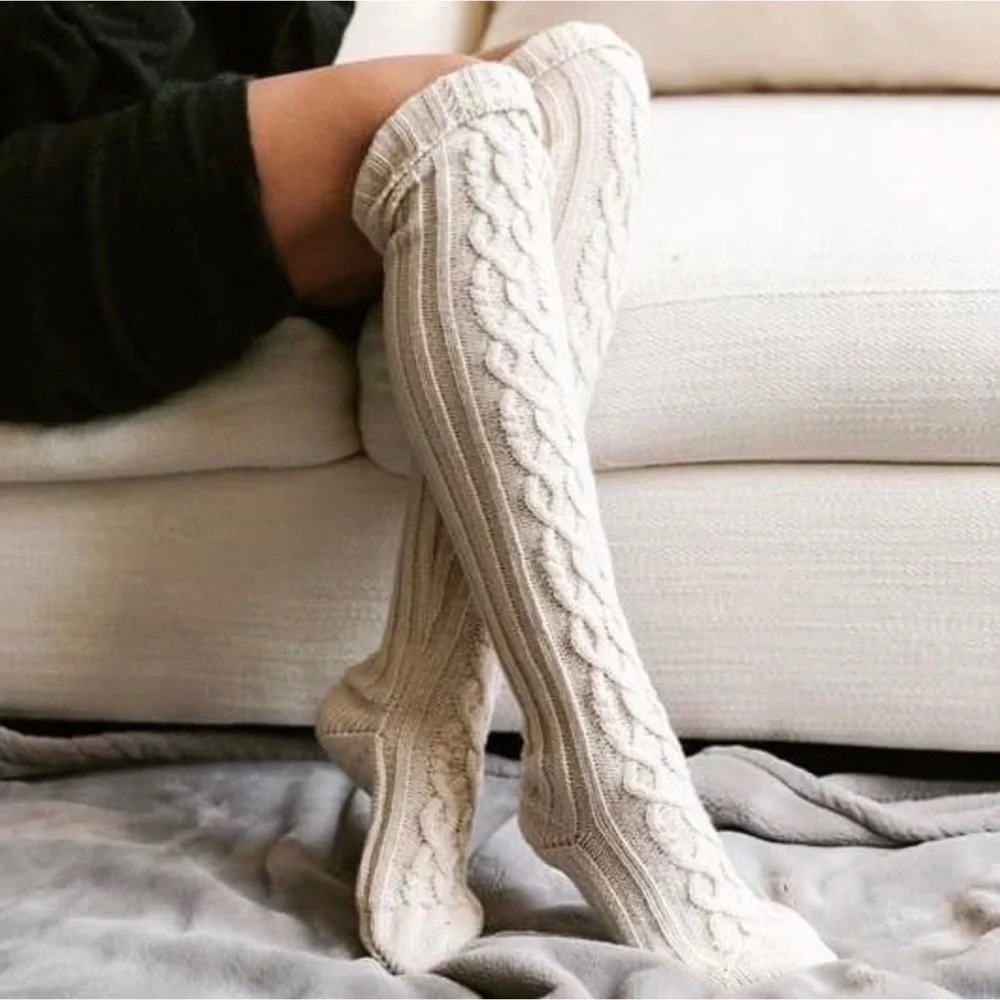 1 LEFT! Ivory Cable Knit Above Knee Long Warm Winter Essential Stay Home Socks - Picture 1 of 3